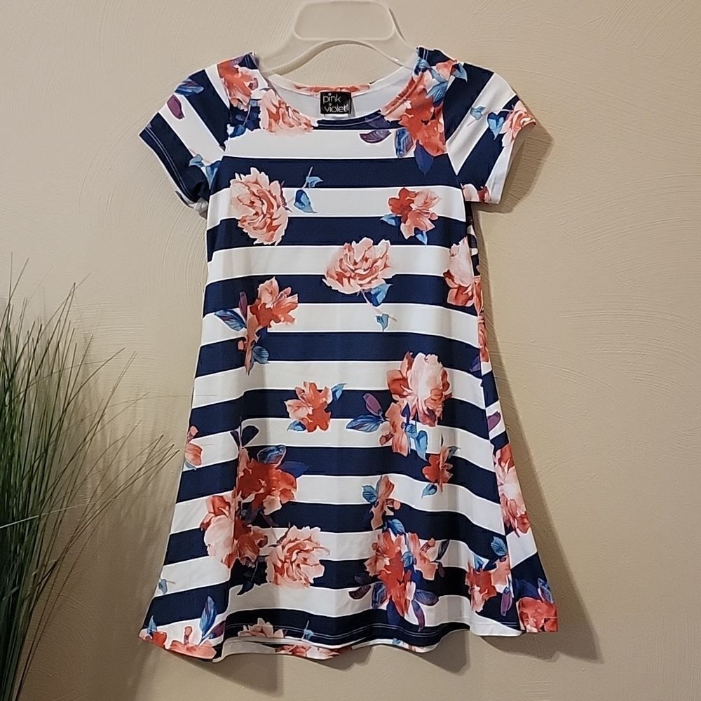 PINK & VIOLET FLORAL SKATER DRESS WITH NAVY BLUE AND WHITE STRIPES, SIZE 6